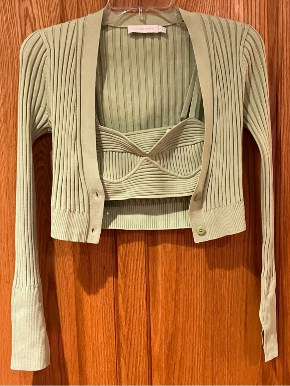 JONATHAN SIMKHAI Compact Rib Cropped Cardigan‎ Bra Top Midi Skirt Set Pear XS/S